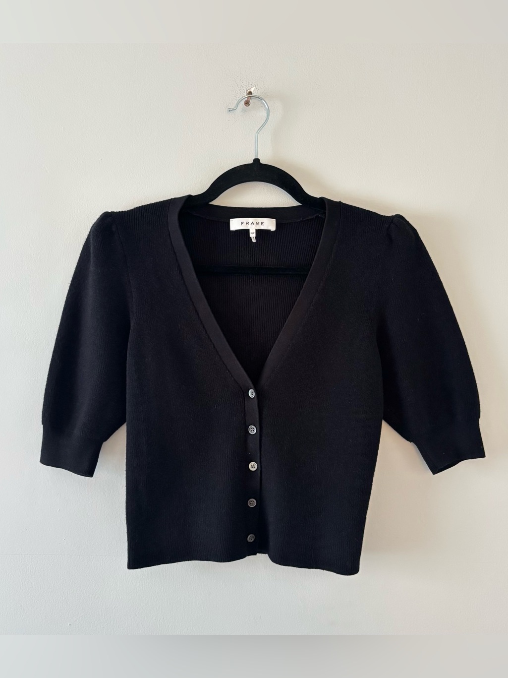 Frame Silk Blend Puff Sleeve Cardigan Sweater Short Sleeve Thick Knit Black